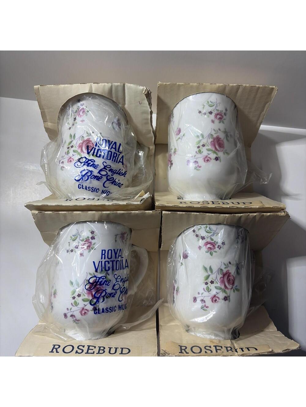 Royal Victoria English Mugs By Wade Potery Rosebud 4 Coffee Cups In Box